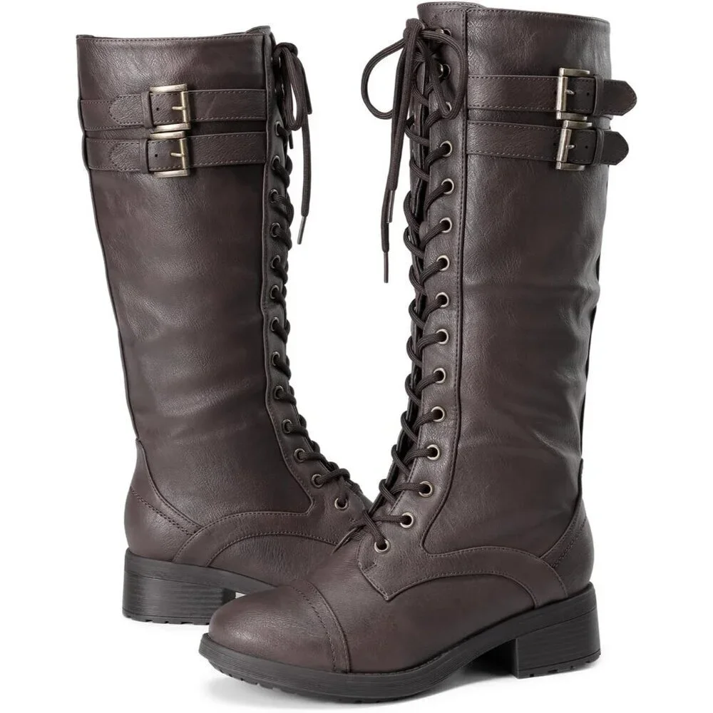 Women's Polyurethane Pu Georgia-brown Double buckle Knee High Riding Combat Boot
